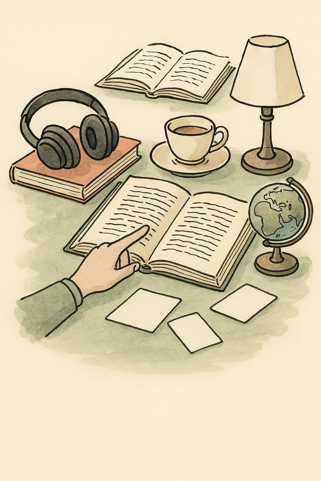 Editorial illustration of a language learner's desk
